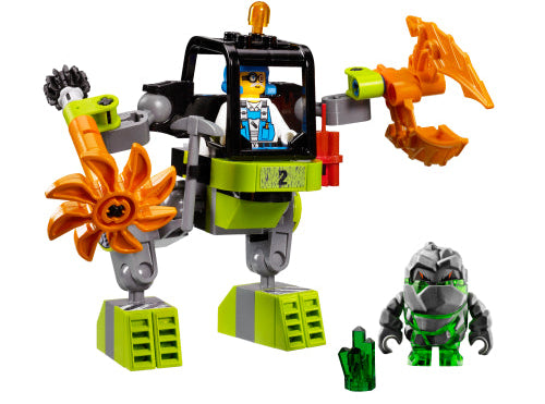 Toy robot with orange and green accents on a white background